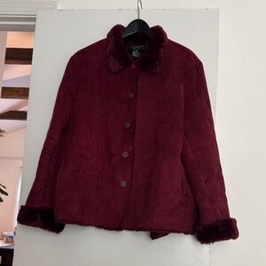 Elegant Burgundy Teddy Jacket with Faux Fur Trim